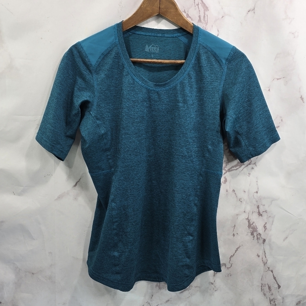 REI Co Op Shirt Womens Small Blue Tech Short Sleeve Active Hiking Striped Panel